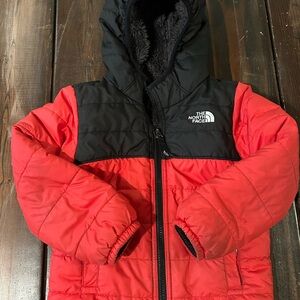 The North Face Red and Black Kids Hooded Puffer Coat